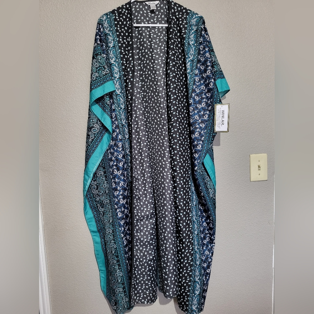 Winlar NWT Teal and Black Patterned Caftan Kimono One Size